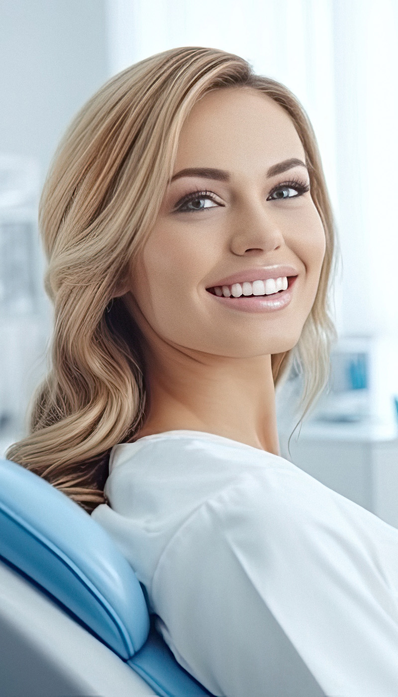 The image shows a modern dental or medical office interior with a dental chair, equipment, and a clean, professional environment.