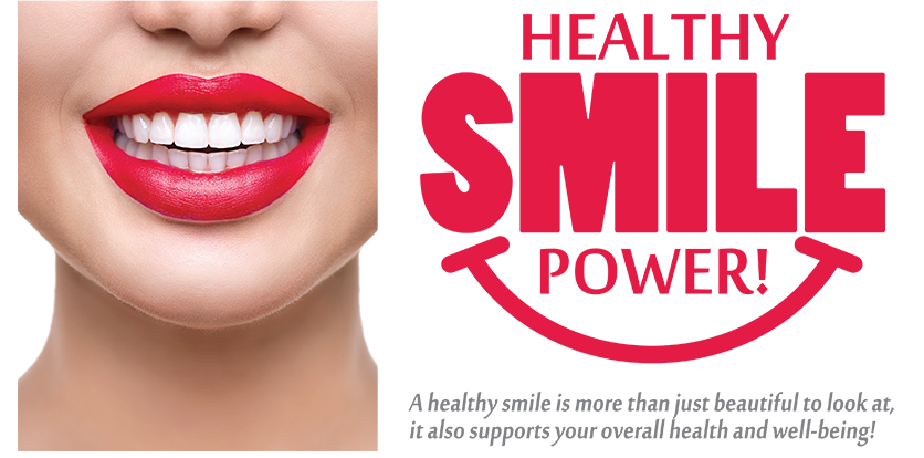 The image is a promotional graphic featuring a close-up of a person s face with red lipstick, and it includes text that reads  HEALTHY SMILE POWER  in bold letters.